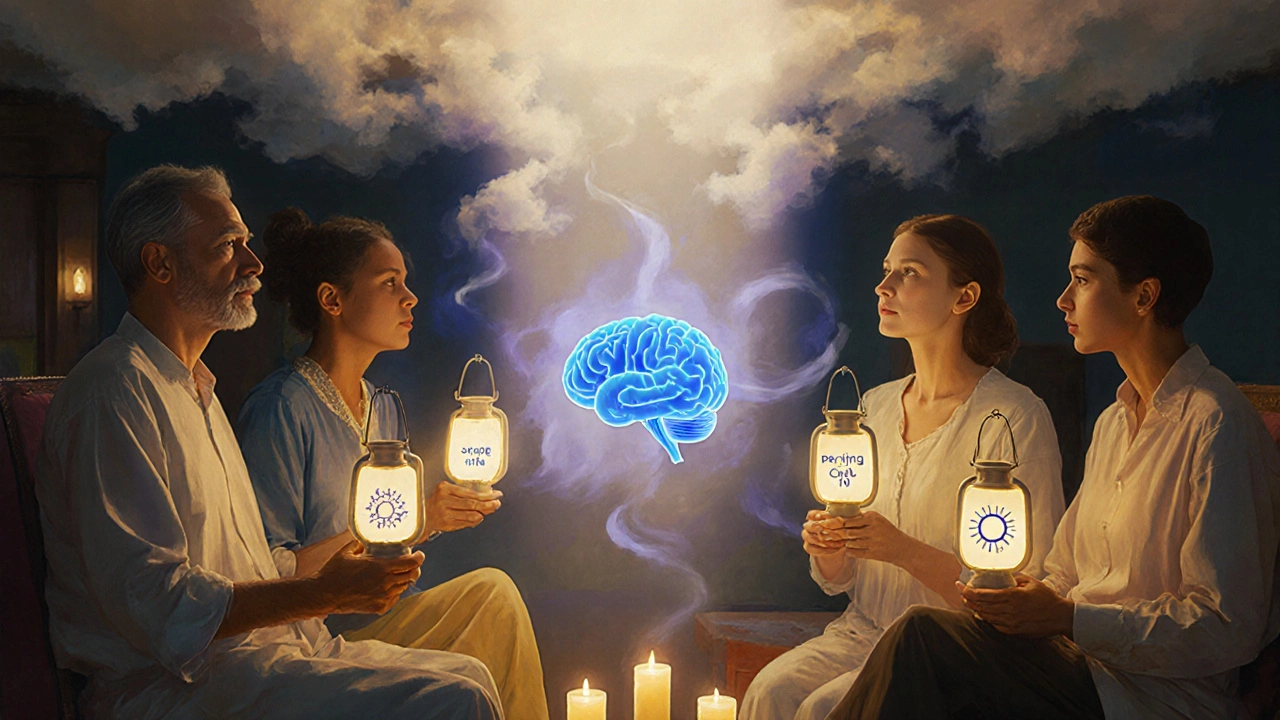 Grupo de pacientes con linternas que representan estrategias de manejo, luz iluminando un cerebro con mitocondrias activas en ambiente sereno.