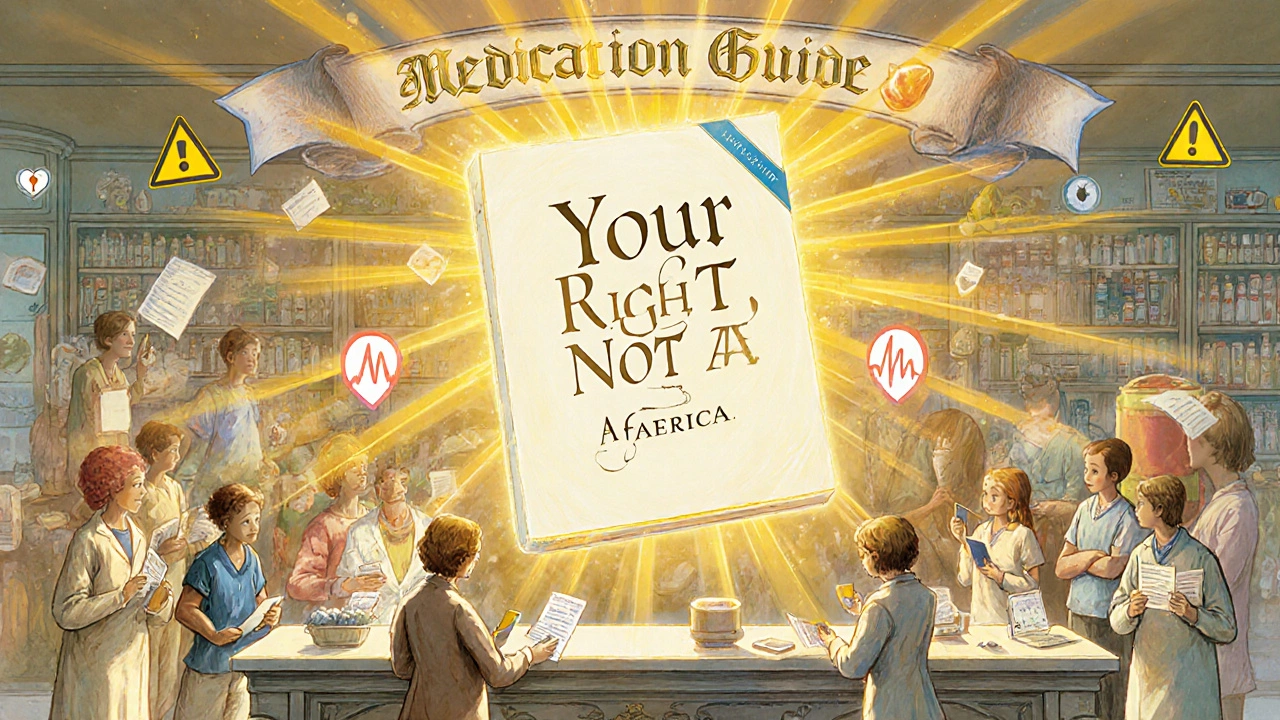 Guía de medicamento flotante emite rayos de luz hacia pacientes de diferentes edades, simbolizando derechos de salud.
