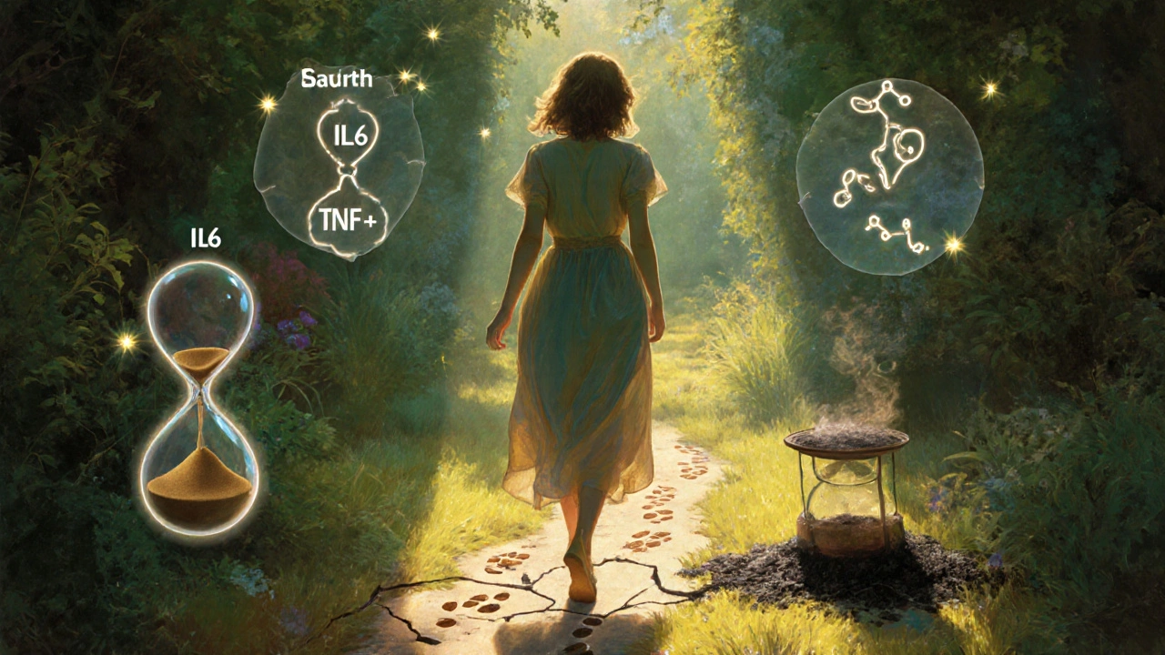 Mujer caminando en un jardín con símbolos inflamatorios flotando alrededor, huellas que se desvanecen y reloj de arena que se convierte en ceniza.