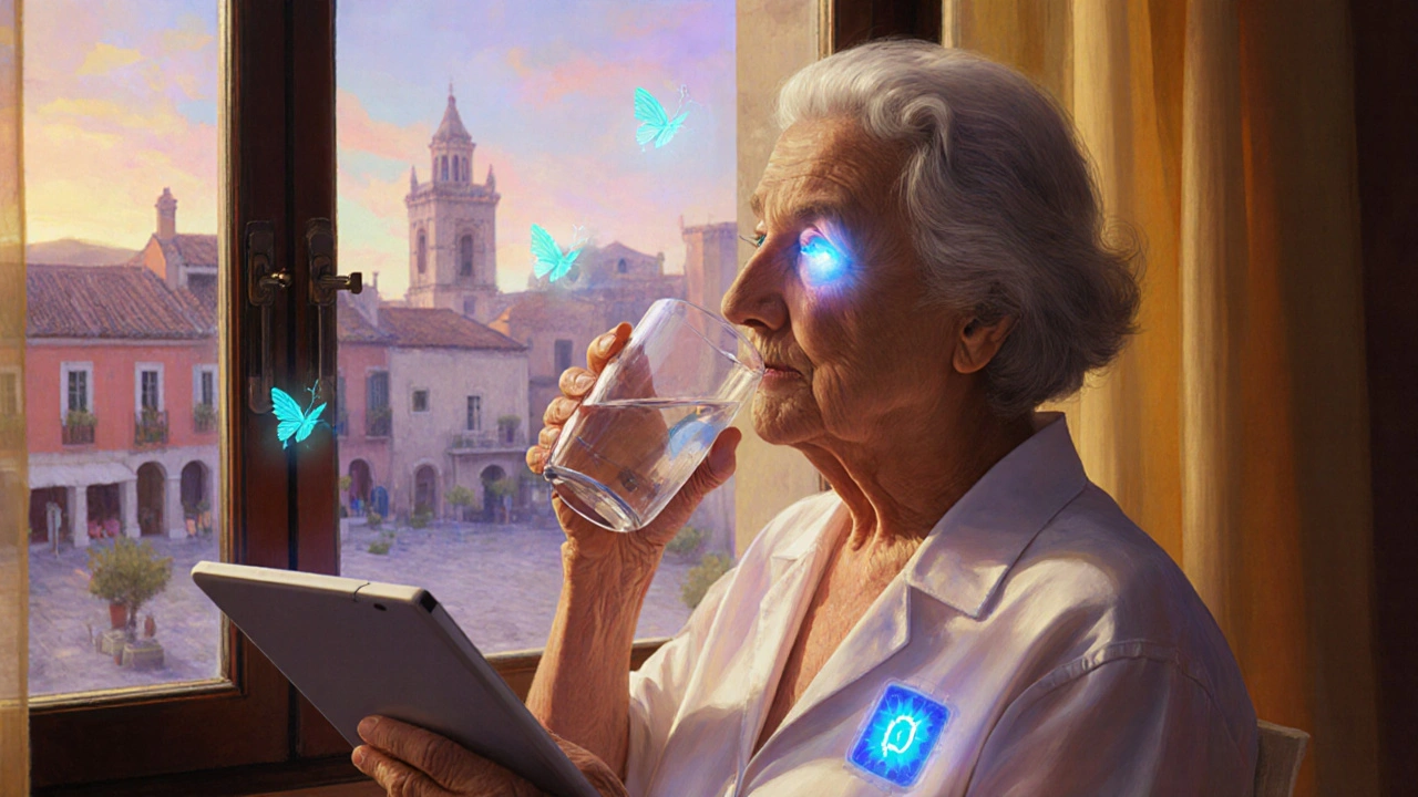 Mujer mayor con parche de monitoreo de potasio y alertas digitales flotantes, bajo luz de amanecer.