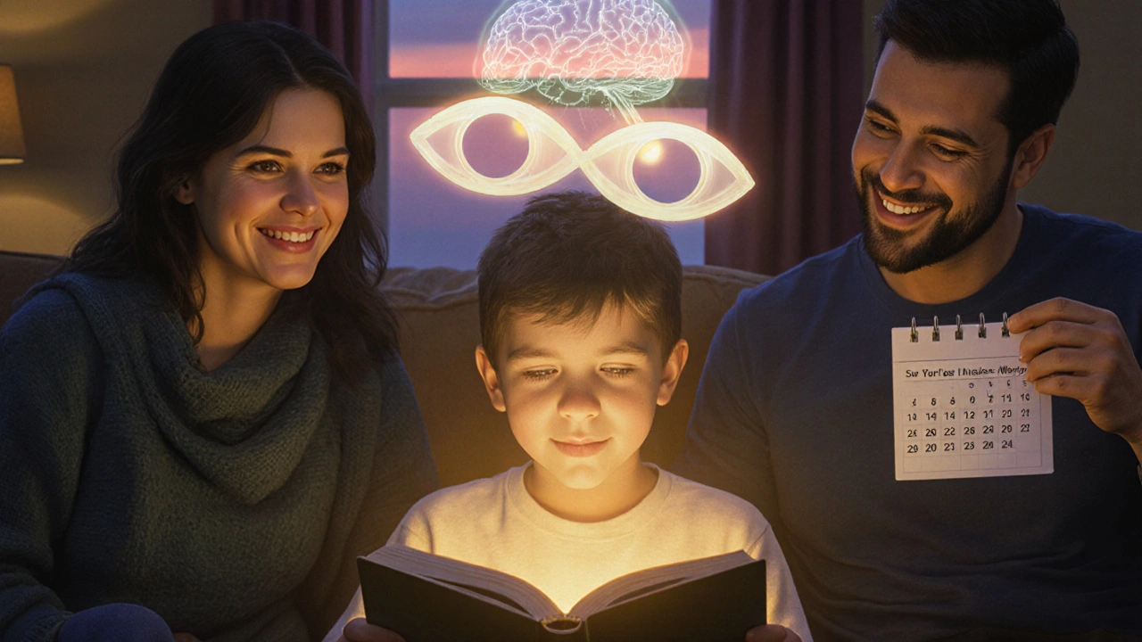 Niño leyendo feliz en casa, ojos alineados visualmente sobre el libro, padres sonríen mientras un patrón de cerebro sincronizado brilla suavemente al fondo.
