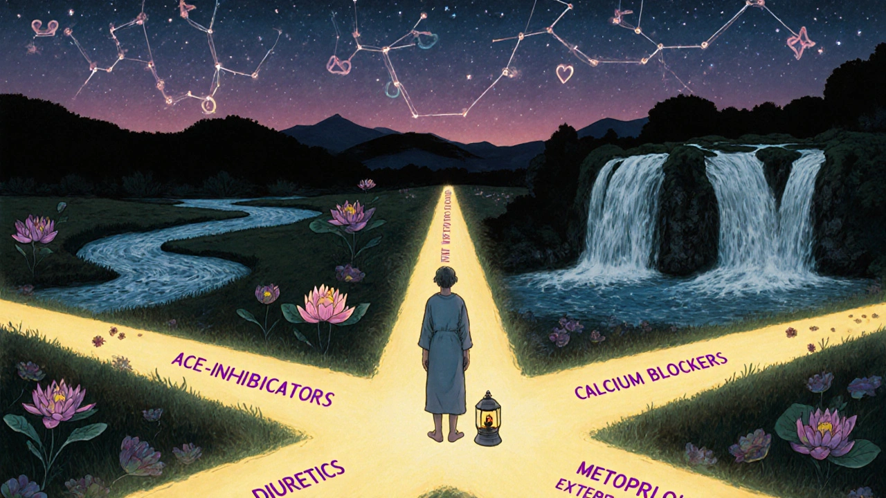 Paciente en una encrucijada con caminos que representan distintos medicamentos para la presión arterial.