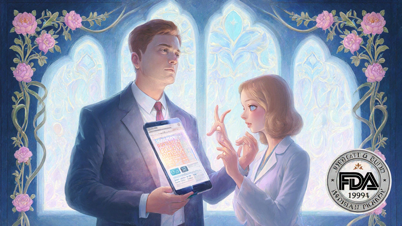 Paciente recibe la guía de medicamento en su teléfono mientras el farmacéutico asiente con aprobación.