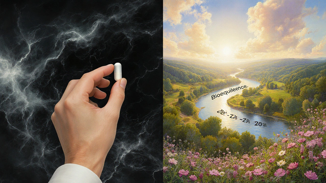 Paciente sosteniendo una píldora mientras detrás se ve un paisaje simbólico de bioequivalencia entre tormenta y calma.