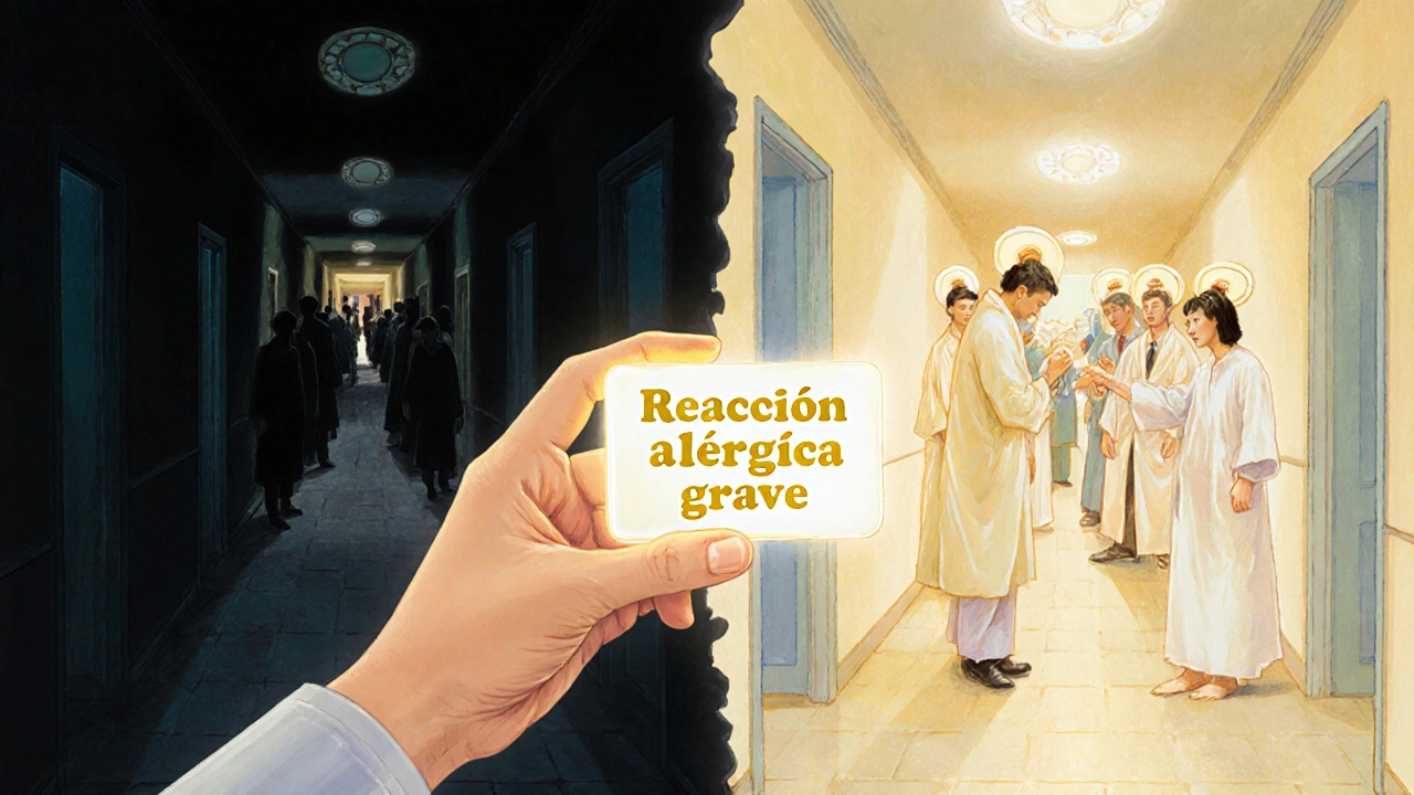 Paciente sosteniendo una tarjeta médica brillante mientras se divide el camino entre emergencia y prevención.