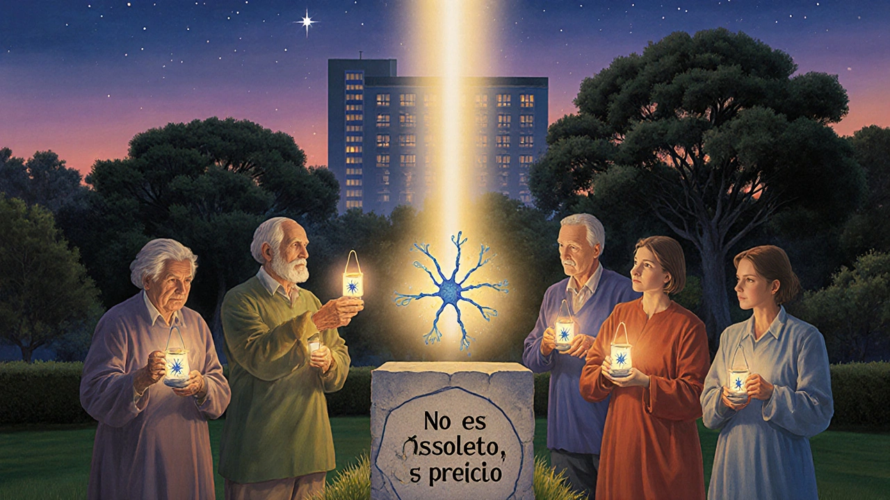 Pacientes en un jardín al atardecer sostienen linternas en forma de neuronas, cuya luz se une en un haz radiante.