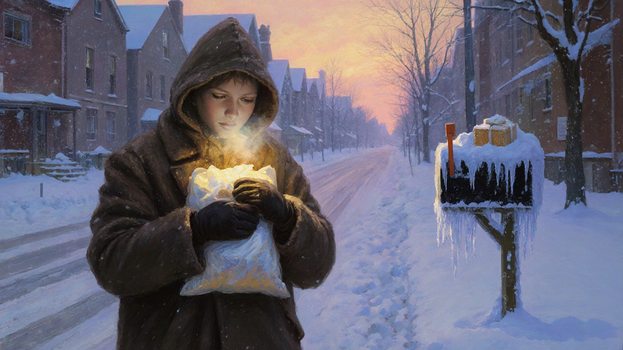 Persona camina por la nieve llevando medicamentos protegidos cerca del cuerpo en clima extremadamente frío.