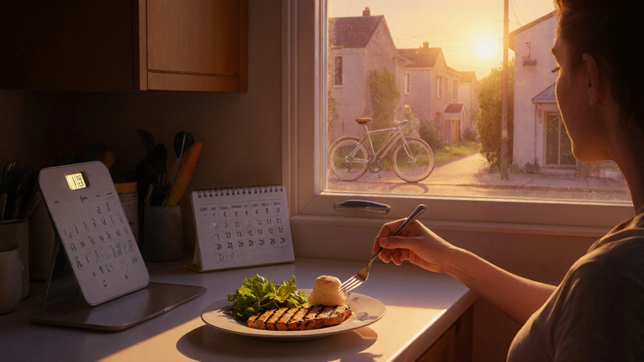 Persona comiendo una comida sana en la cocina al atardecer, con una báscula en la encimera.