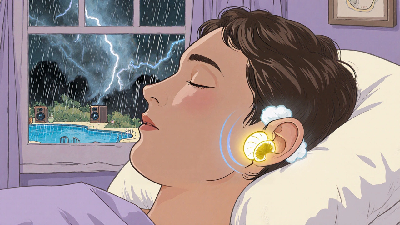 Persona durmiendo con tapón en el oído, mientras el tímpano sanado brilla suavemente.