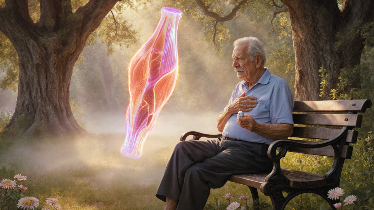 Persona mayor en un jardín, con fibras musculares translúcidas que simbolizan el dolor muscular por estatinas, bajo luz matutina suave.