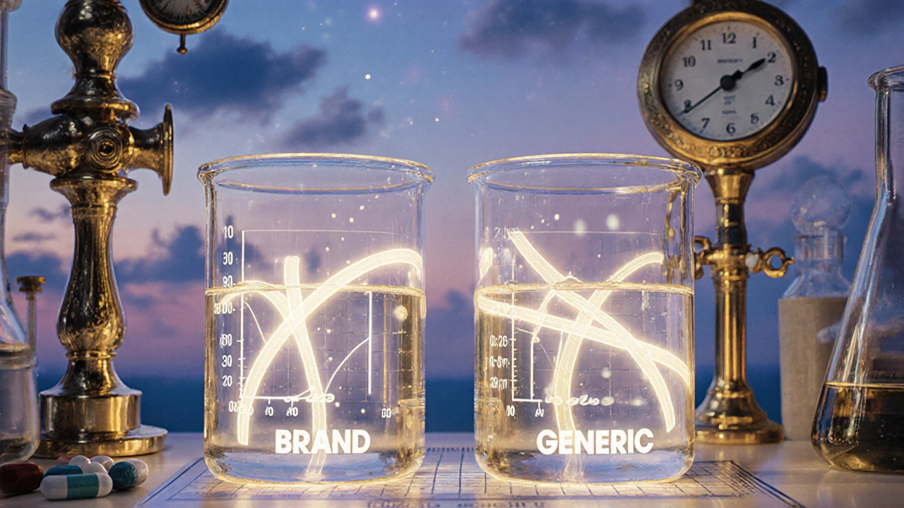 Píldoras disolviéndose en becas con curvas de concentración brillantes y herramientas científicas detalladas en estilo ilustrativo.