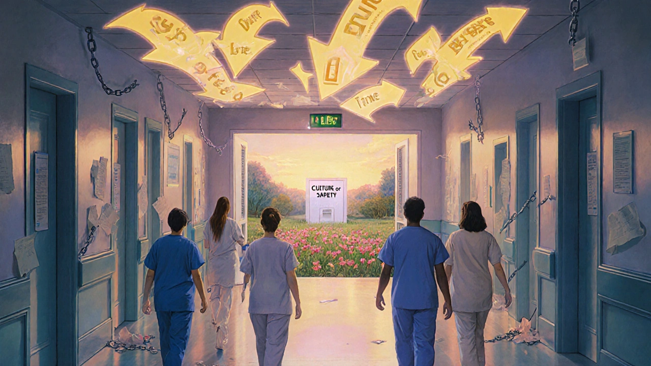 Profesionales de la salud caminando bajo símbolos luminosos de los cinco derechos hacia una puerta de seguridad.