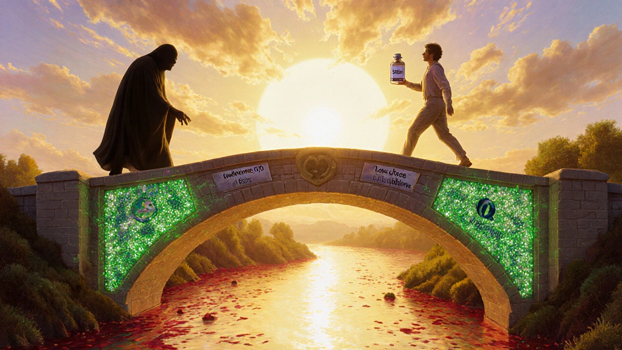 Puente de arterias estabilizadas cruzando un río de sangre, con una persona caminando hacia el amanecer mientras sostiene una estatina.