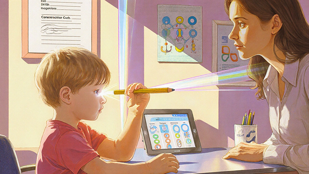 Terapeuta guía a un niño en un ejercicio de convergencia con un lápiz, luces brillantes indican alineación ocular en una clínica iluminada.