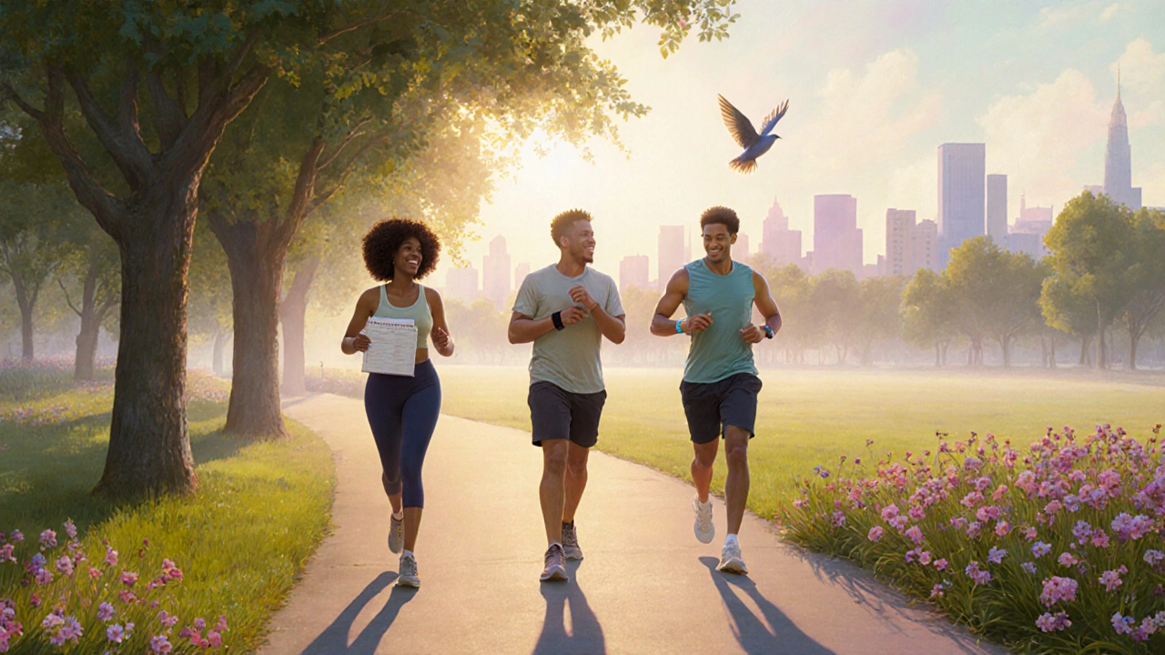 Tres personas caminando juntas en un parque al amanecer, con sombras largas y flores.