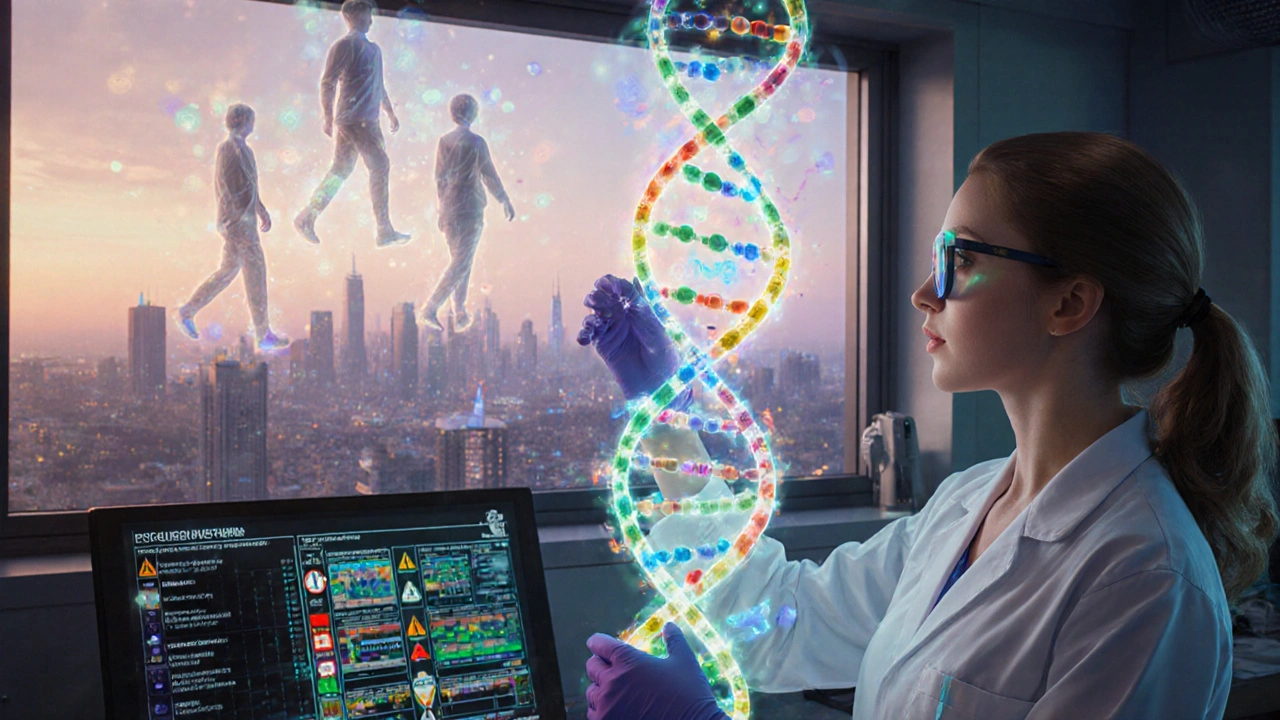 Un científico analiza un ADN con proyecciones de medicamentos en un laboratorio futurista al amanecer.