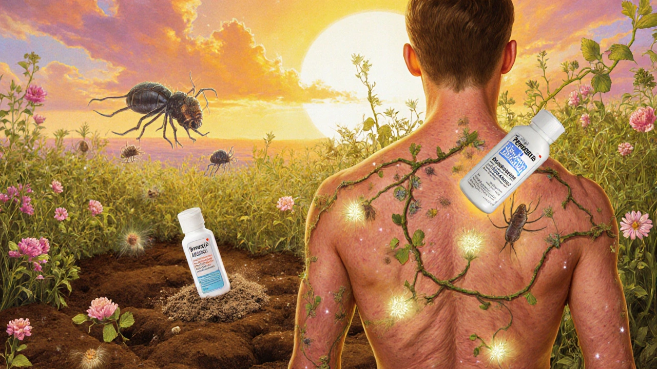 Un cuerpo humano se convierte en un jardín donde las cremas curativas florecen y los ácaros se desvanecen como flores marchitas.