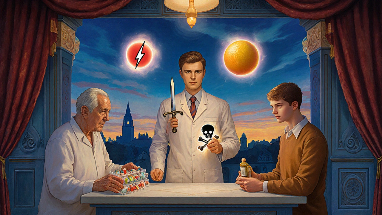 Un farmacéutico en una farmacia ilustra peligros de medicamentos con símbolos flotantes de interacciones peligrosas.