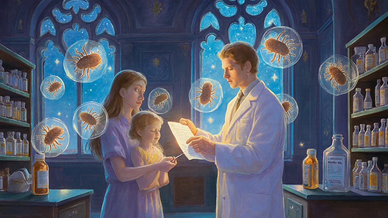 Un farmacéutico entrega una receta a una familia en una farmacia iluminada por luz etérea, con imágenes flotantes de ácaros desapareciendo.