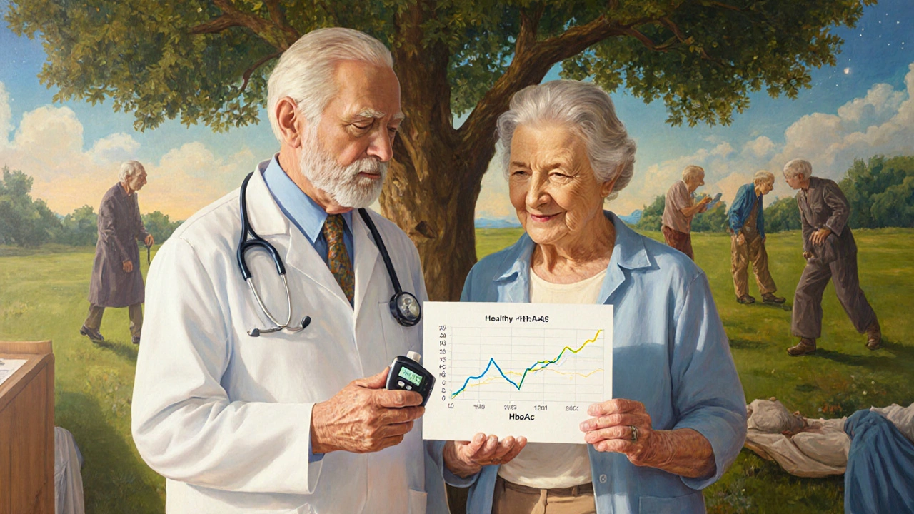 Un médico con un dispositivo de monitoreo glucémico, mientras un anciano camina libremente en un fondo simbólico.