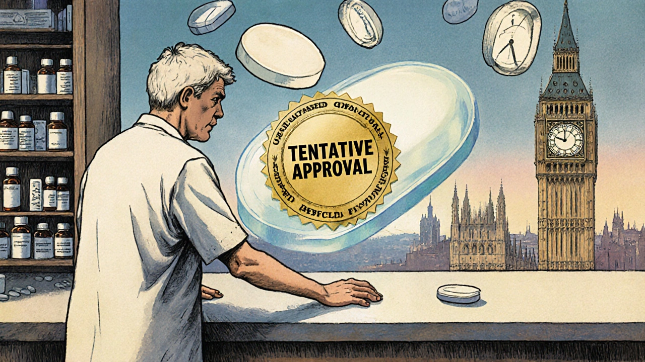 Un paciente frente a un estante vacío mientras una pastilla aprobada flota en el aire.