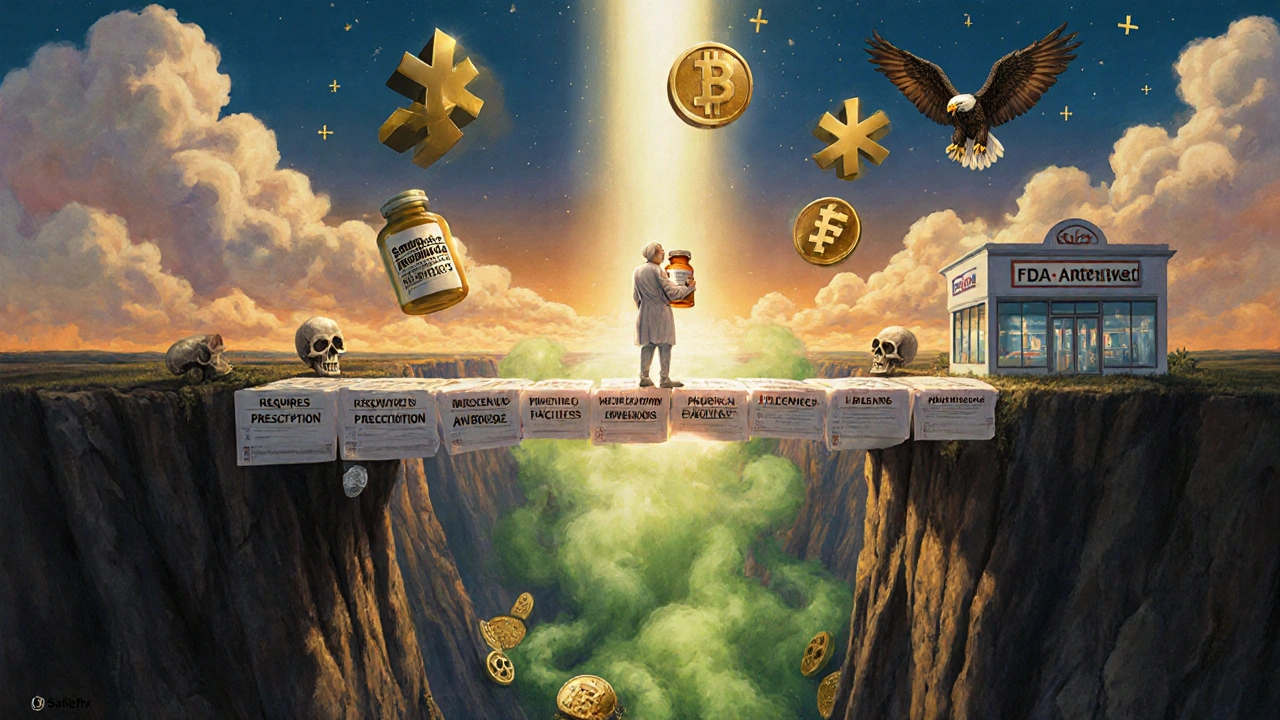 Un paciente se prepara para cruzar un puente de recetas hacia una farmacia segura, mientras abajo se hunden píldoras falsas y criptomonedas.