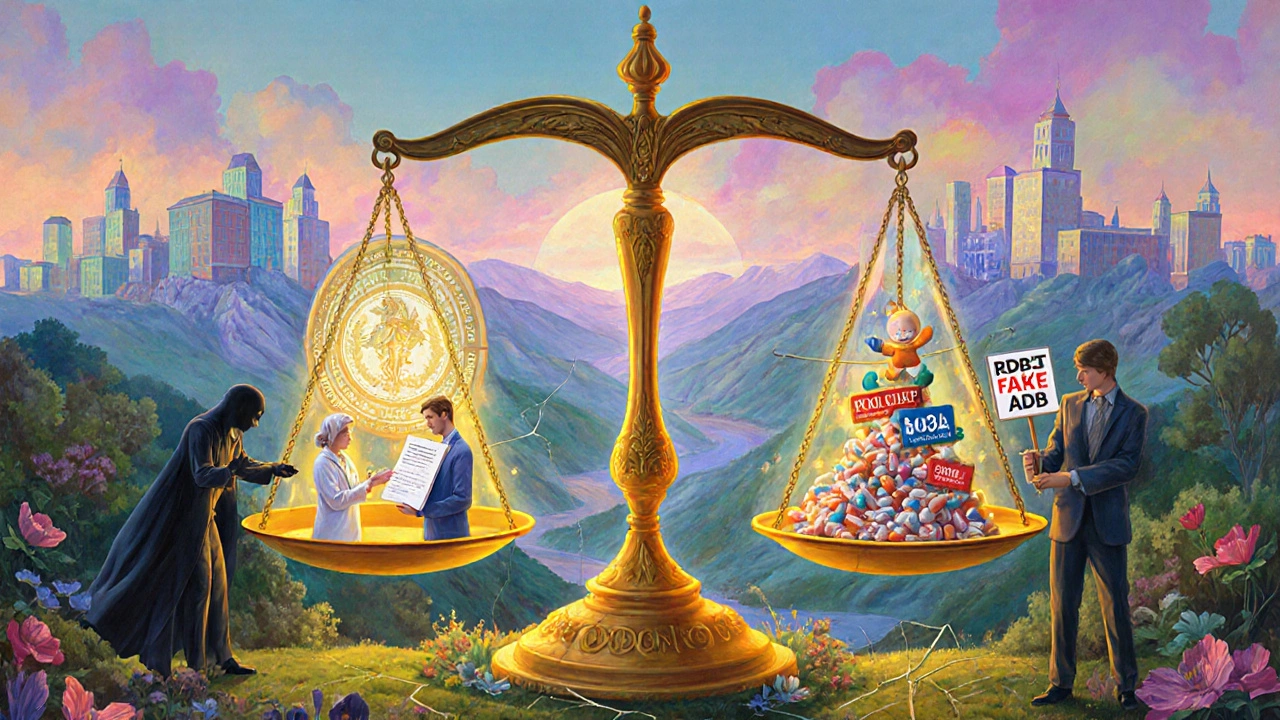 Una balanza mágica equilibra medicina auténtica contra píldoras falsas y anuncios engañosos, iluminada por sellos regulatorios.