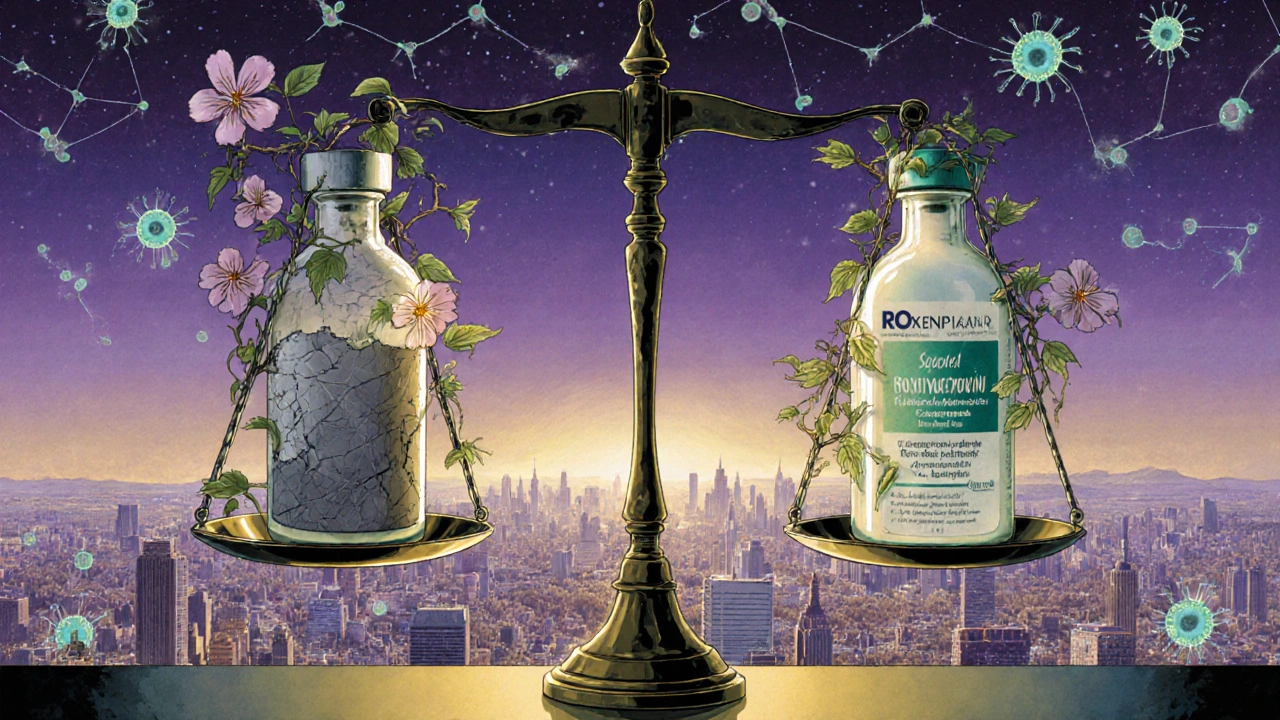 Una balanza simbólica entre roxithromycin y penicilina, con flores creciendo de cada lado bajo un cielo crepuscular.
