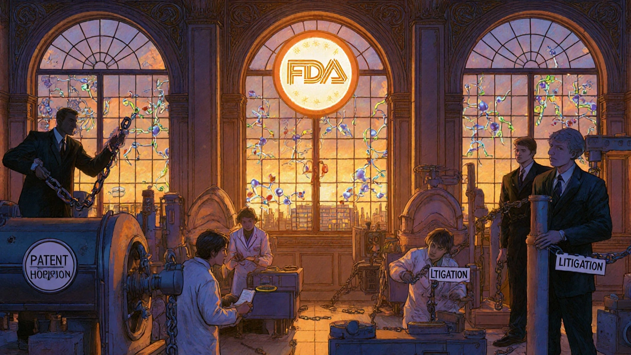 Una fábrica farmacéutica iluminada con máquinas complejas y sombras de abogados de patentes.