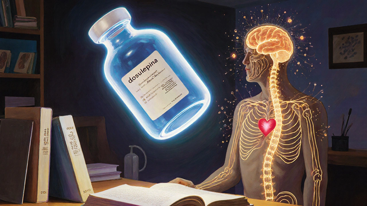 Una frasco de dosulepina brilla en un laboratorio, con conexiones neuronales luminosas y textos de distintas épocas.