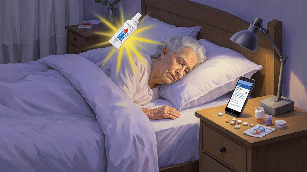 Una mujer mayor durmiendo mientras un spray de glucagón emite luz protectora junto a su cama.