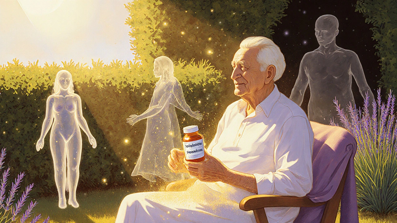 Una persona mayor en un jardín, sosteniendo roxithromycin mientras bacterias benéficas se disuelven en polvo dorado.