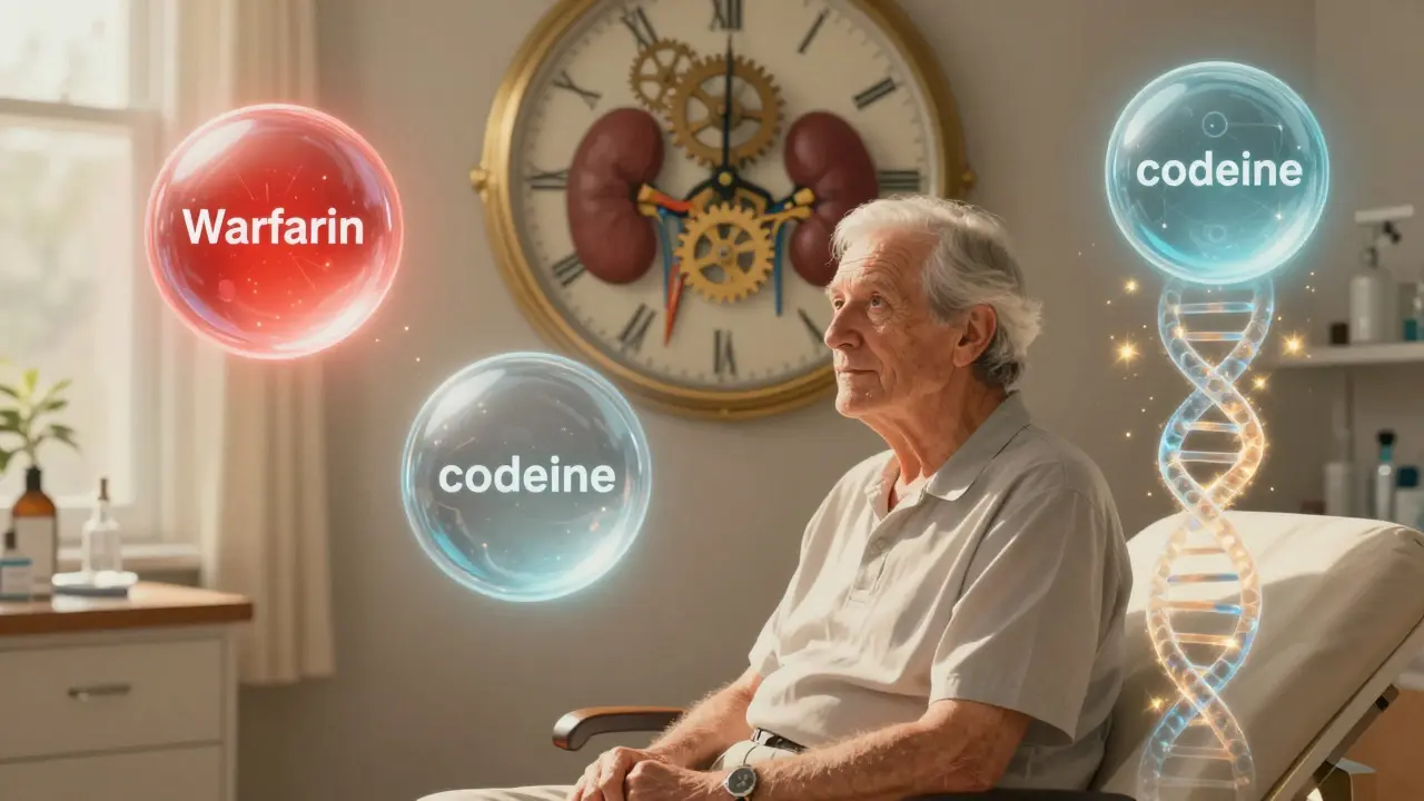 Anciano en una clínica iluminada por luz dorada, rodeado de esferas flotantes que representan medicamentos con niveles de toxicidad equilibrados.