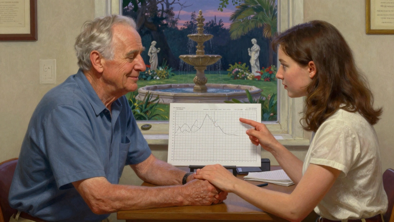 Anciano y joven en consulta auditiva mirando un audiograma, en ilustración de estilo Maxfield Parrish con luz dorada.