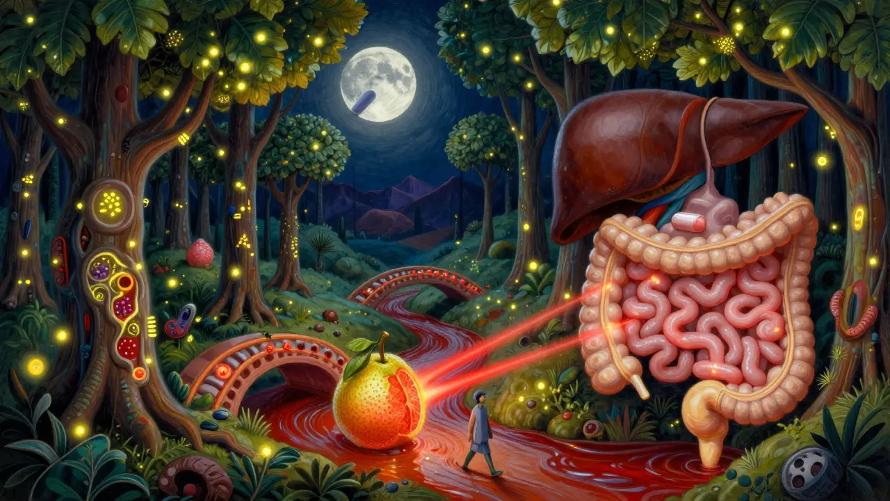 Bosque encantado con estructuras intestinales y ríos de sangre, donde un paciente camina evitando una fruta de pomelo que emite rayos rojos.