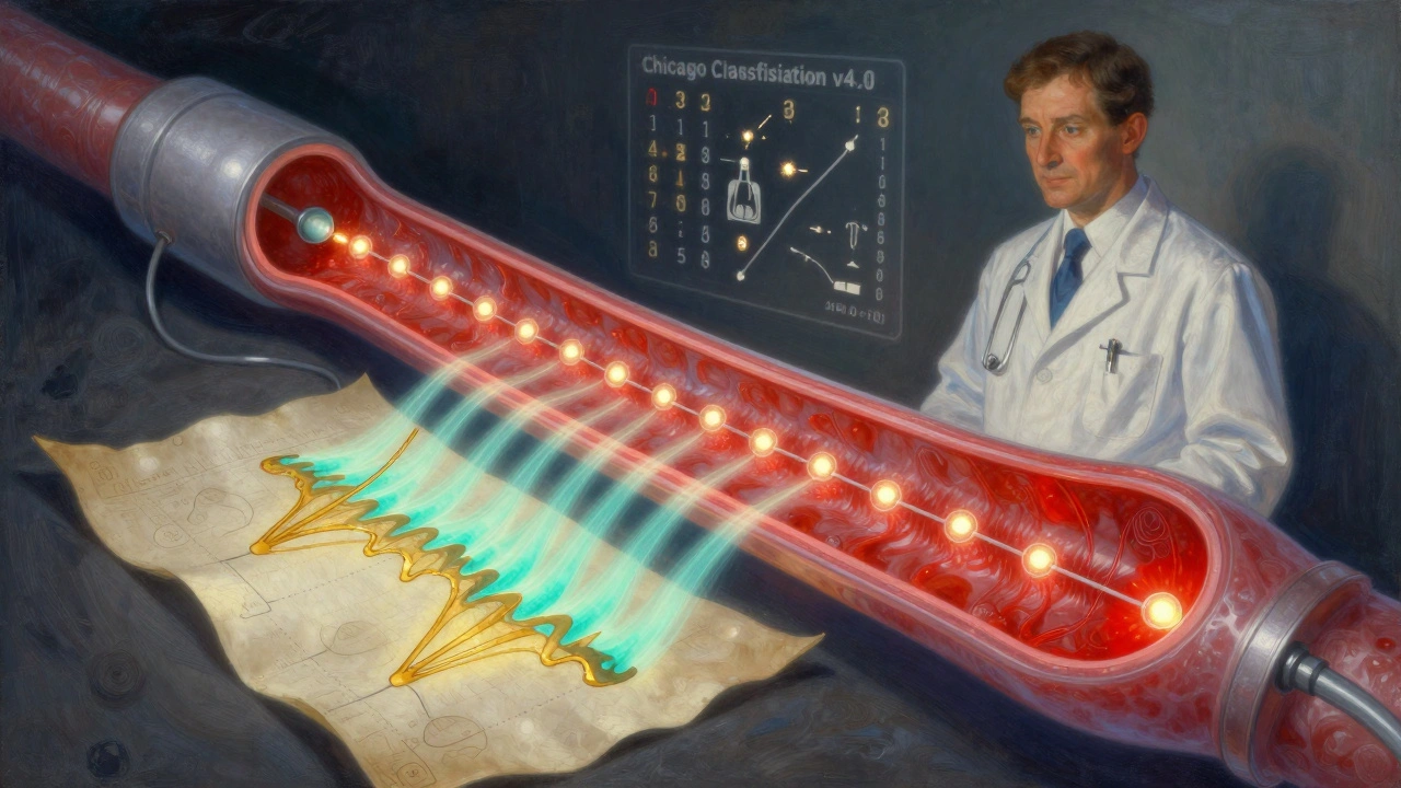 Catéter de manometría con sensores brillantes proyectando un mapa de presión colorido en el esófago.