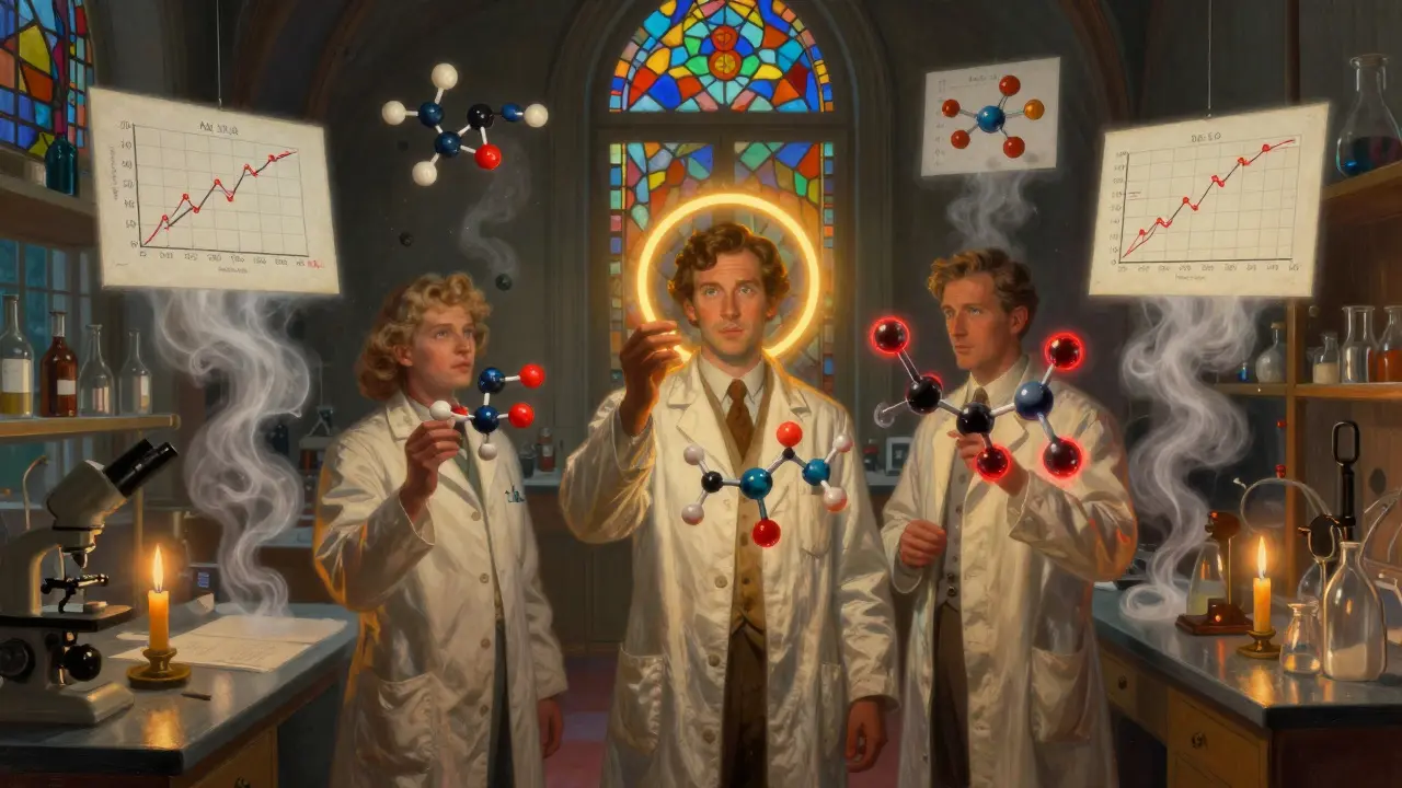 Científicos observan modelos moleculares de fármacos, uno brillante y otro inestable, en un laboratorio con luz cálida y ventanas de vidrio colorido.