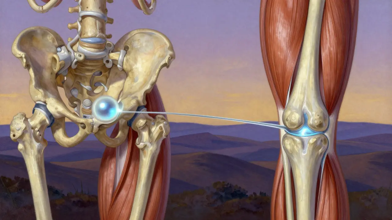 Comparación anatómica ilustrada de una bursa inflamada y un tendón estirado en un paisaje onírico.