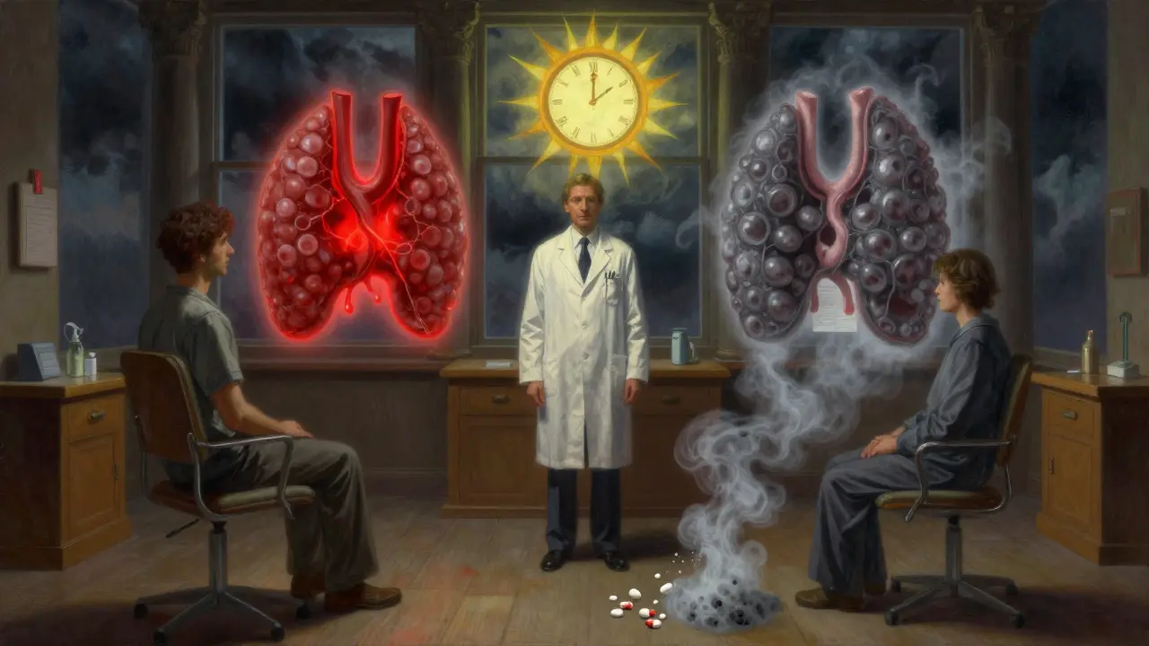 Consulta médica transformada en templo con glándulas tiroideas brillantes y píldoras desapareciendo.