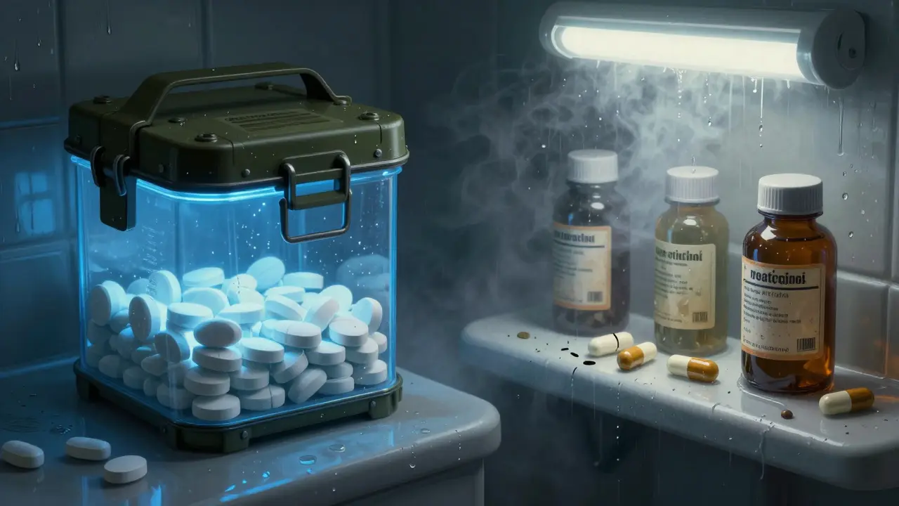 Contrast between pristine military storage and a humid, damaged bathroom shelf.