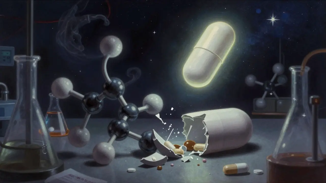 Degraded drug molecules rising from a crumbling pill, while a glowing tablet floats above.