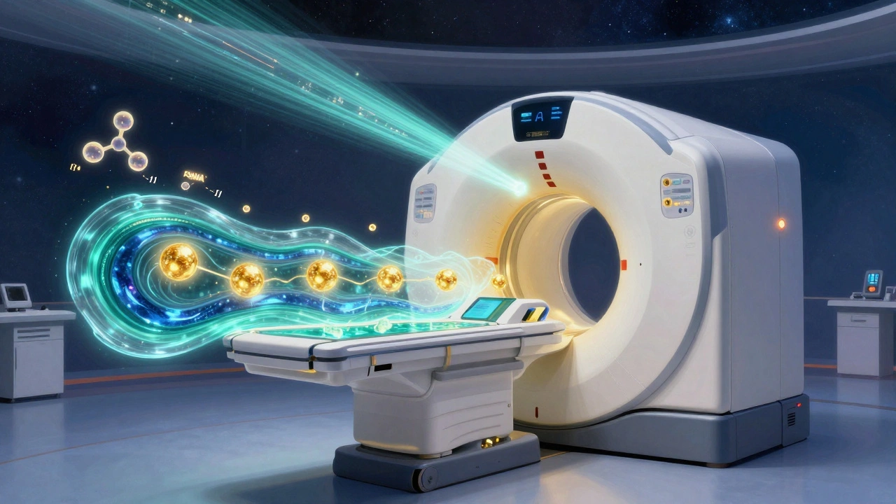 Escáner PET-MRI híbrido con señales metabólicas y tejidos translúcidos, iluminado por luz de inteligencia artificial.