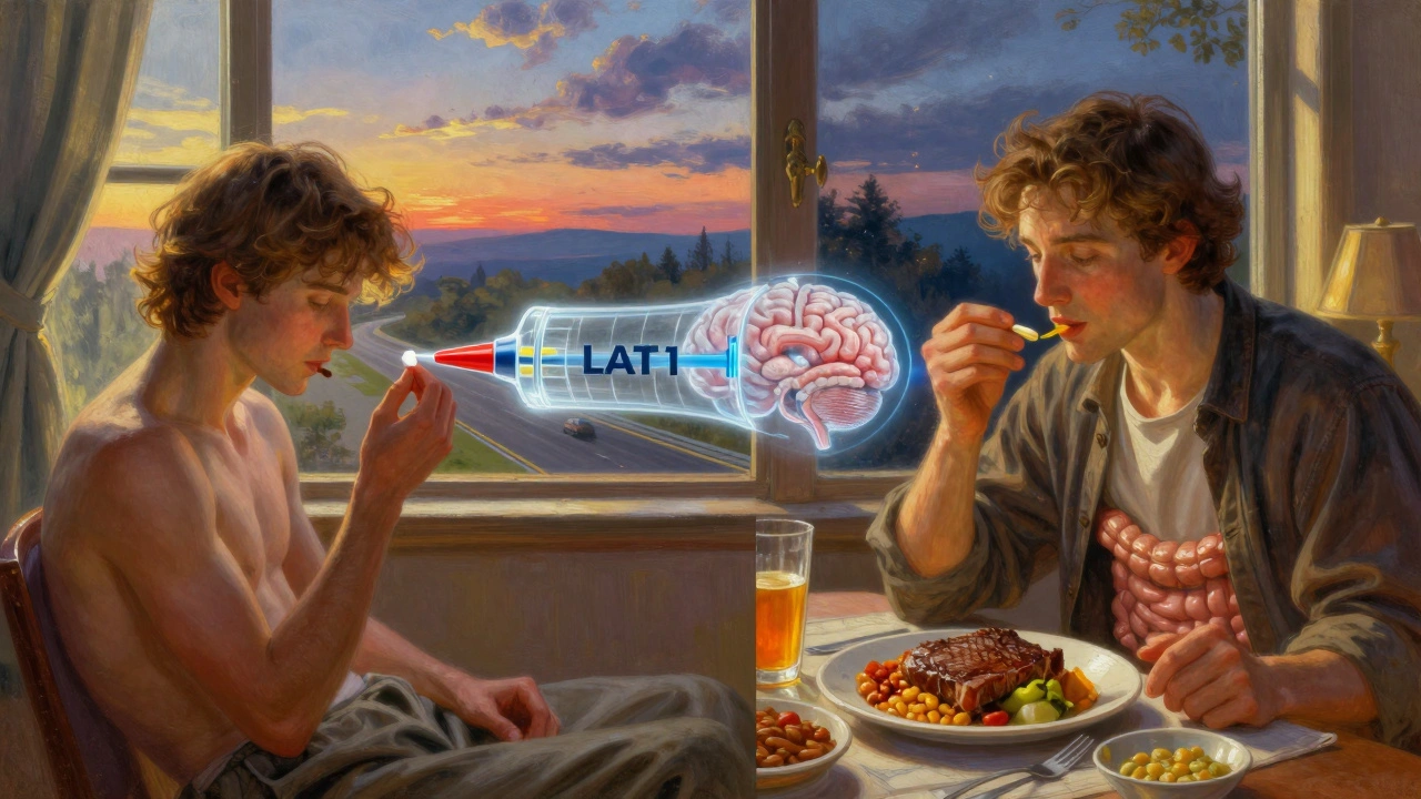 Escena dividida: persona tomando medicación al amanecer y comiendo proteínas en la cena, con una autopista luminosa conectando cerebro e intestino.