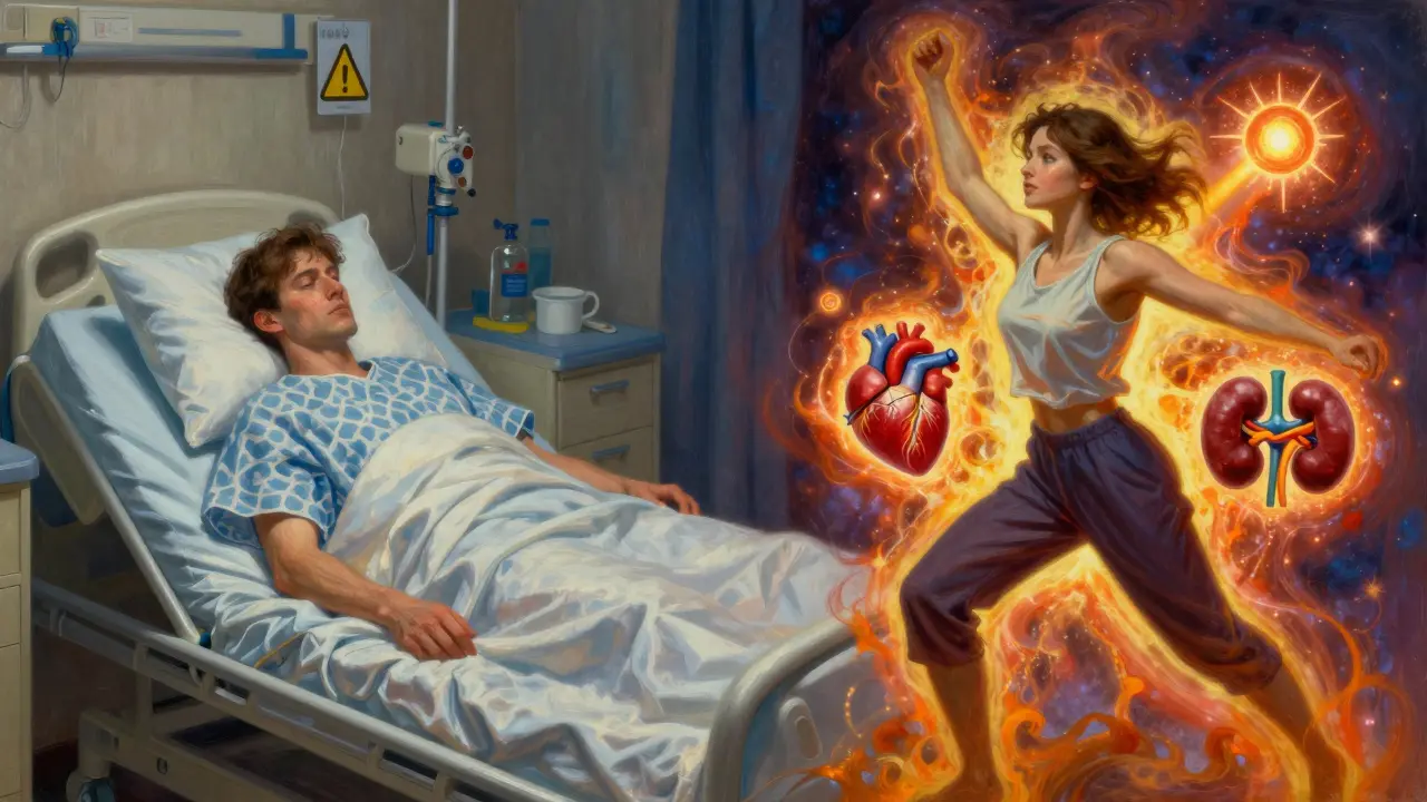 Escena dividida: riesgos a la izquierda, salud y energía a la derecha, estilo Maxfield Parrish.