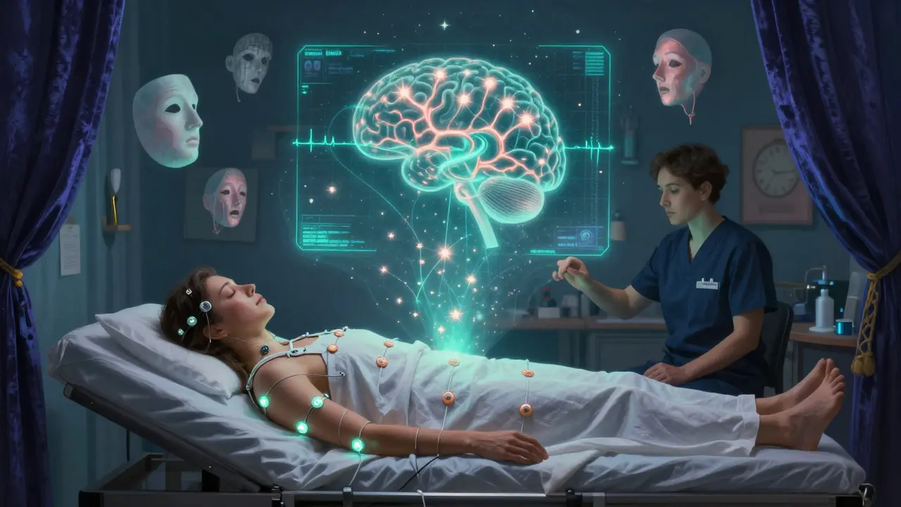 Especialista en sueño observa un cerebro con neuronas de hipocretina desapareciendo, rodeado de fragmentos oníricos en tonos luminosos.