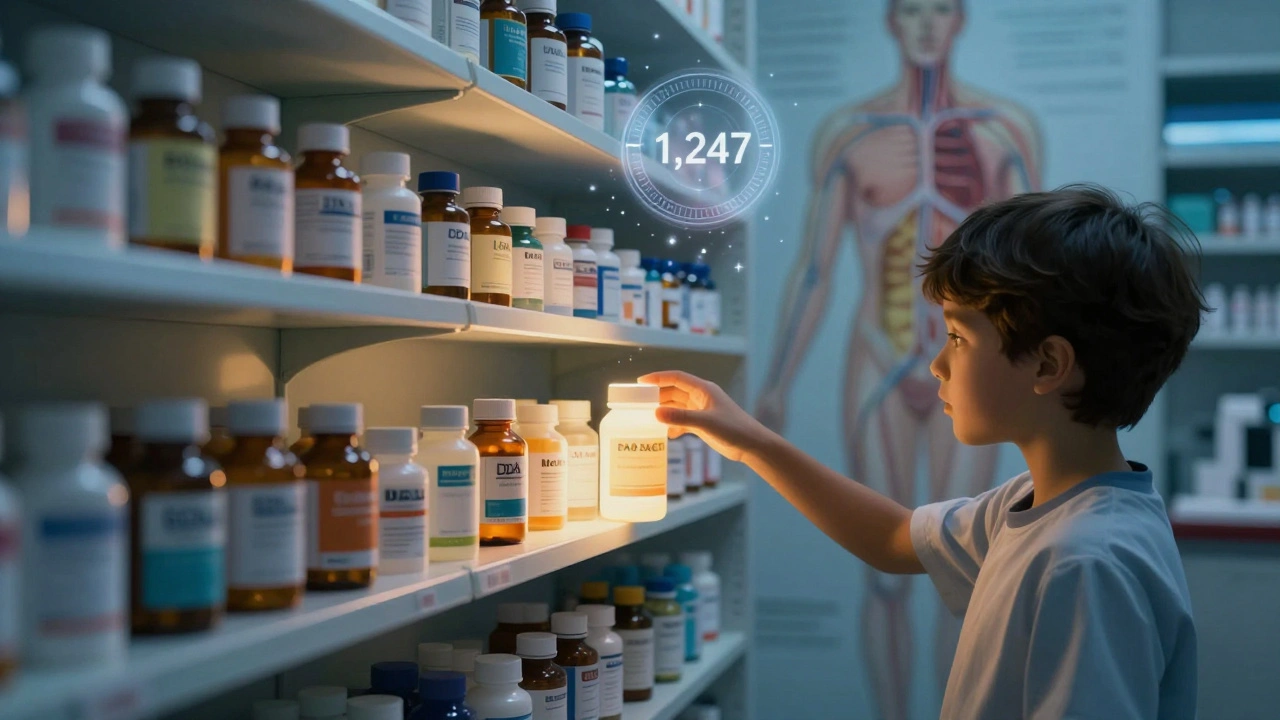 Estantería de farmacia con botellas de medicamentos, una paciente alcanza un genérico autorizado mientras patrones de absorción farmacológica brillan en el fondo.