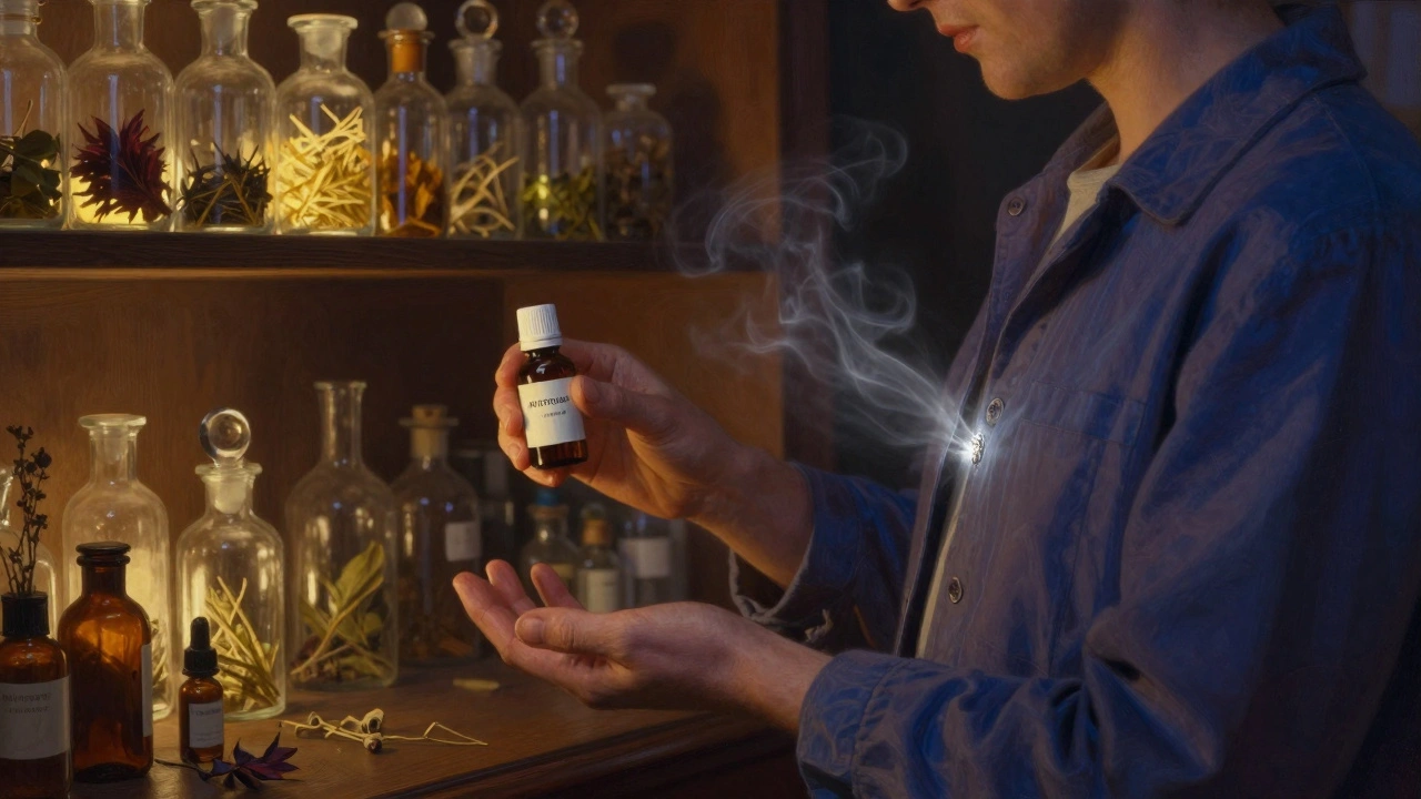 Farmacéutico entrega antitranspirante a paciente en una farmacia iluminada con luz cálida.