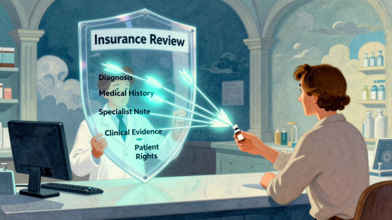 Farmacéutico entrega medicamento mientras flechas de derechos atraviesan una barrera de seguro.