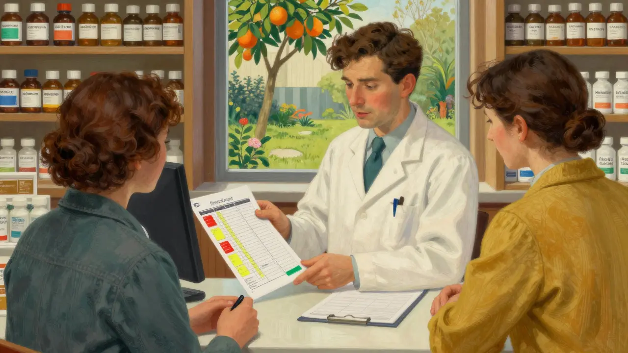 Farmacéutico explicando un informe de interacciones con colores y botellas de medicamentos en una farmacia.