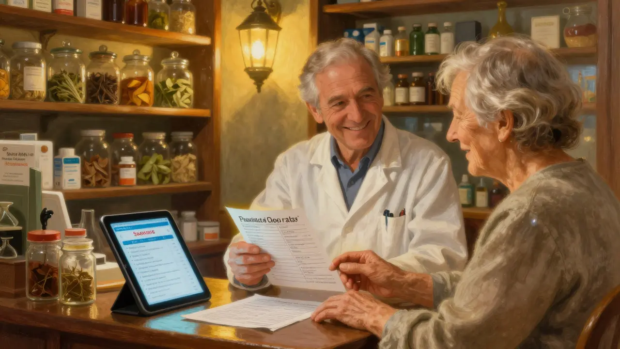 Farmacéutico y paciente revisando una lista de medicamentos en una farmacia con luz cálida.